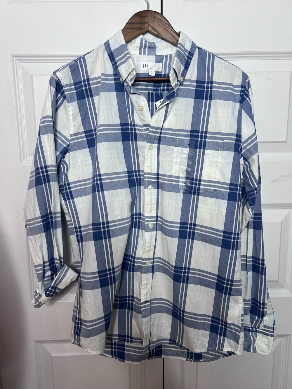 NWT GAP Slim Fit Plaid Button Up Shirt Men’s Medium Blue White Cotton